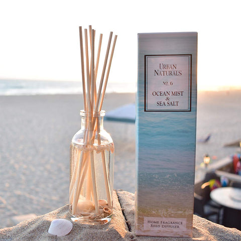 Urban Naturals diffuser bottle with driftwood notes enhances coastal ambiance
