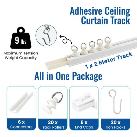 UrbanRed curtain track kit with rollers and hooks enables smooth movement.