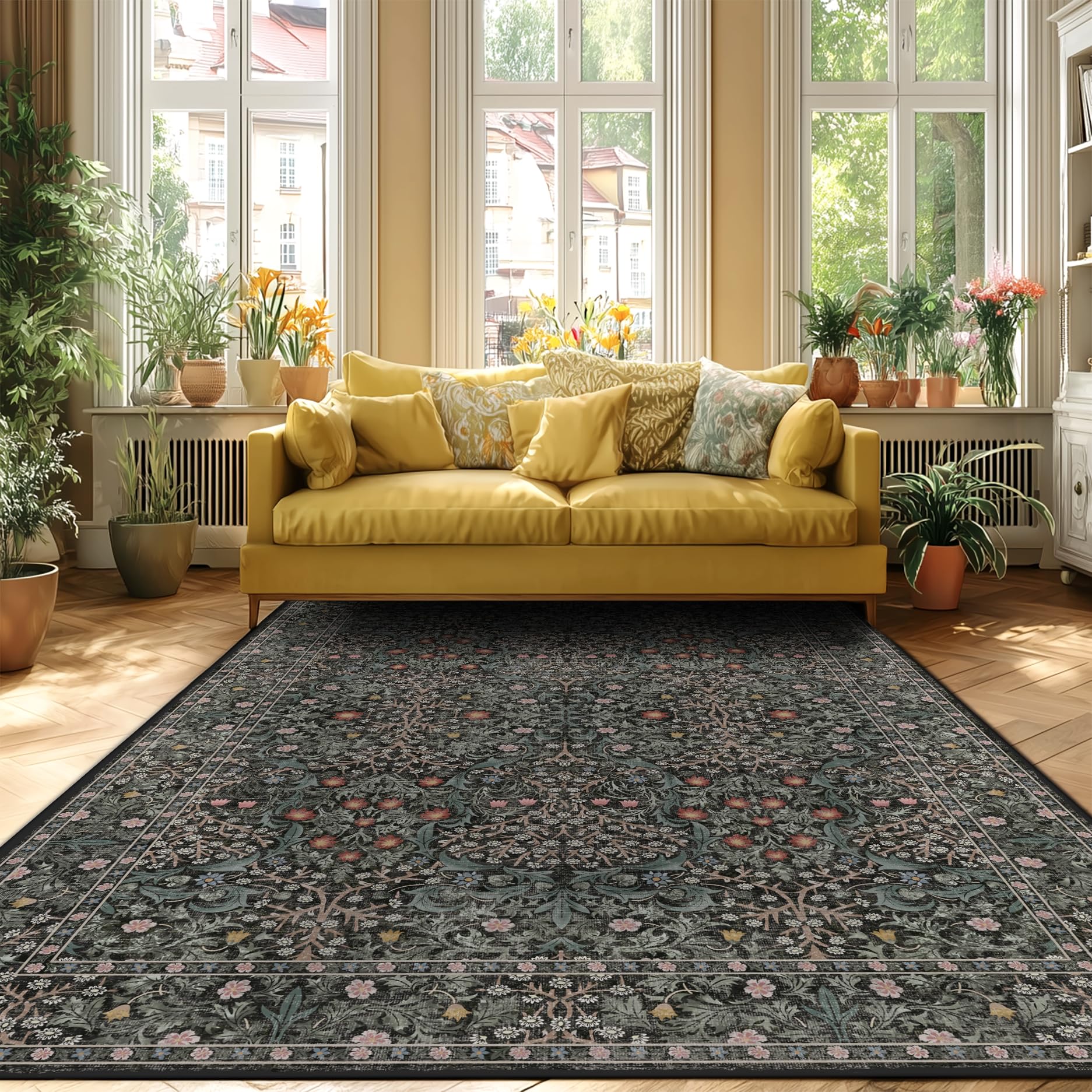 Urownmat 9x12 rug in living room with elegant floral motif for refined spaces