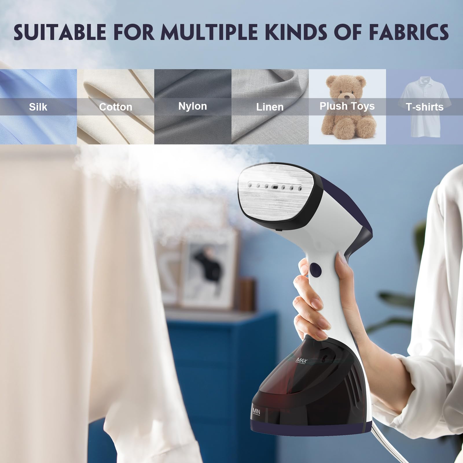 URPOWER steamer in home/office setting refreshing garments.