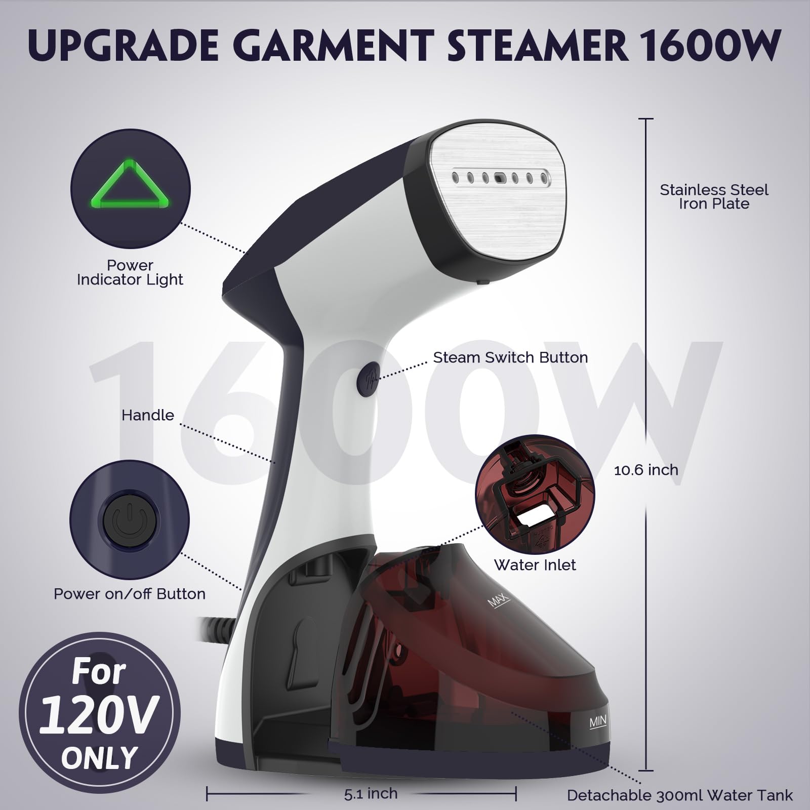 URPOWER steamer with stainless steel soleplate gliding over fabric.