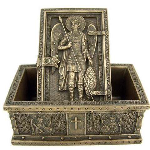 US Archangel St Michael rosary box back label under protective glass.
