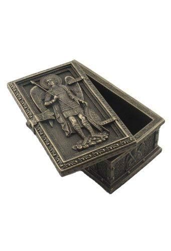 US Archangel St Michael rosary box closeup shows textured bronze detailing.