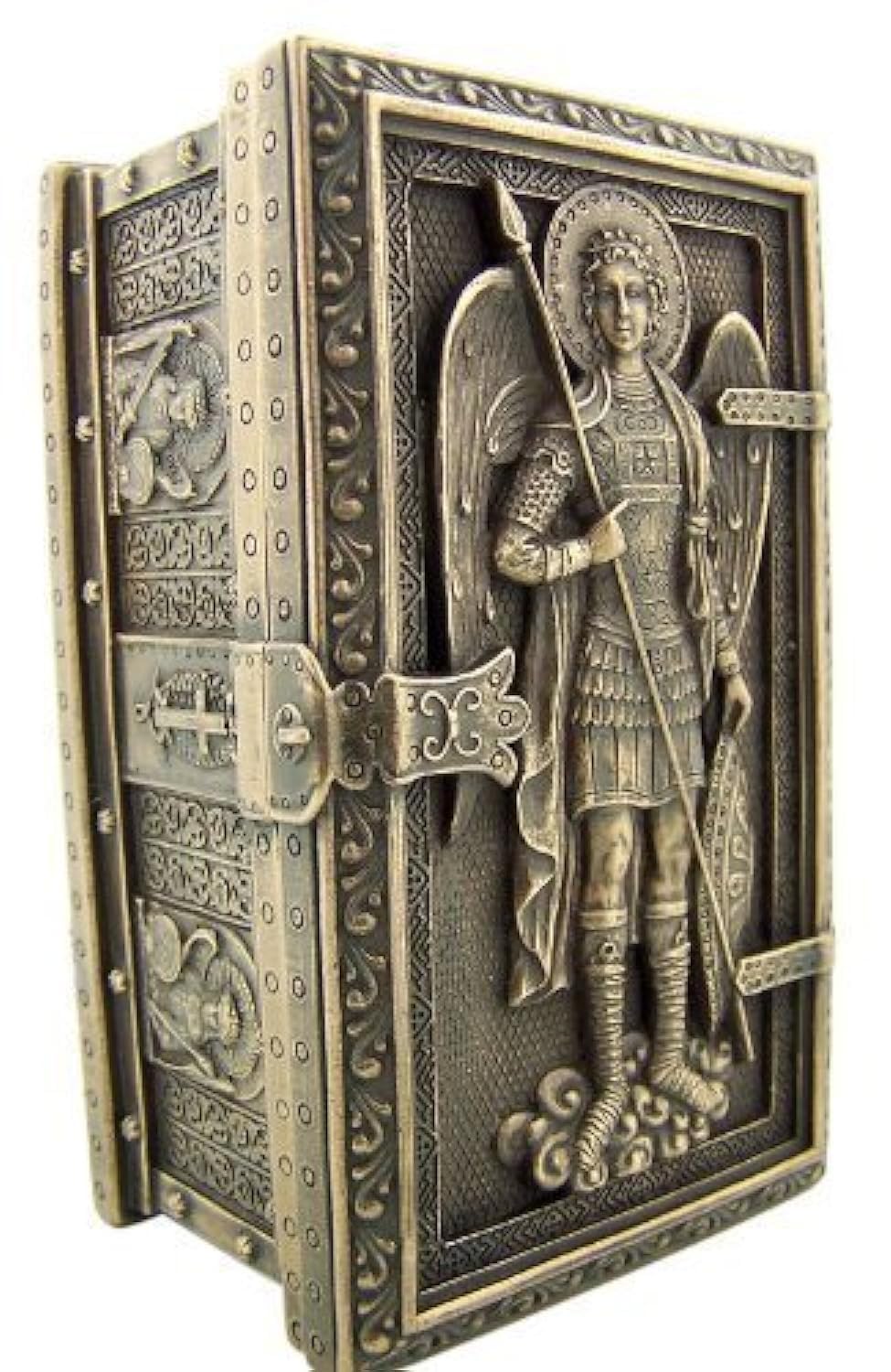 US Archangel St Michael rosary box front view for display and safekeeping.