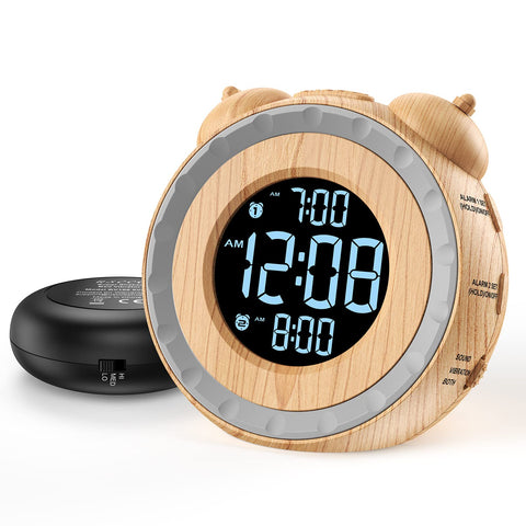 USCCE dual extra loud alarm clock front view in wood grain, dependable bedside timekeeping.