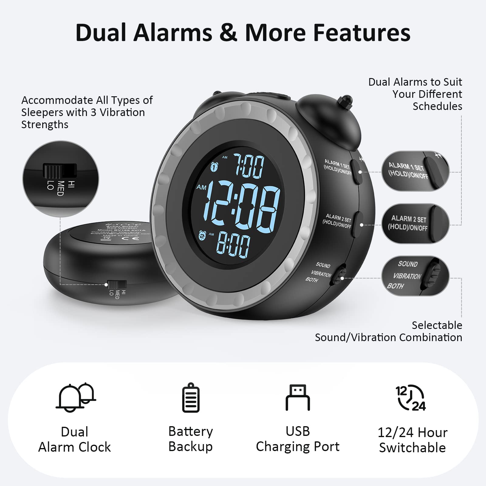 uscce loud dual alarm clock battery backup preserves alarms during outages