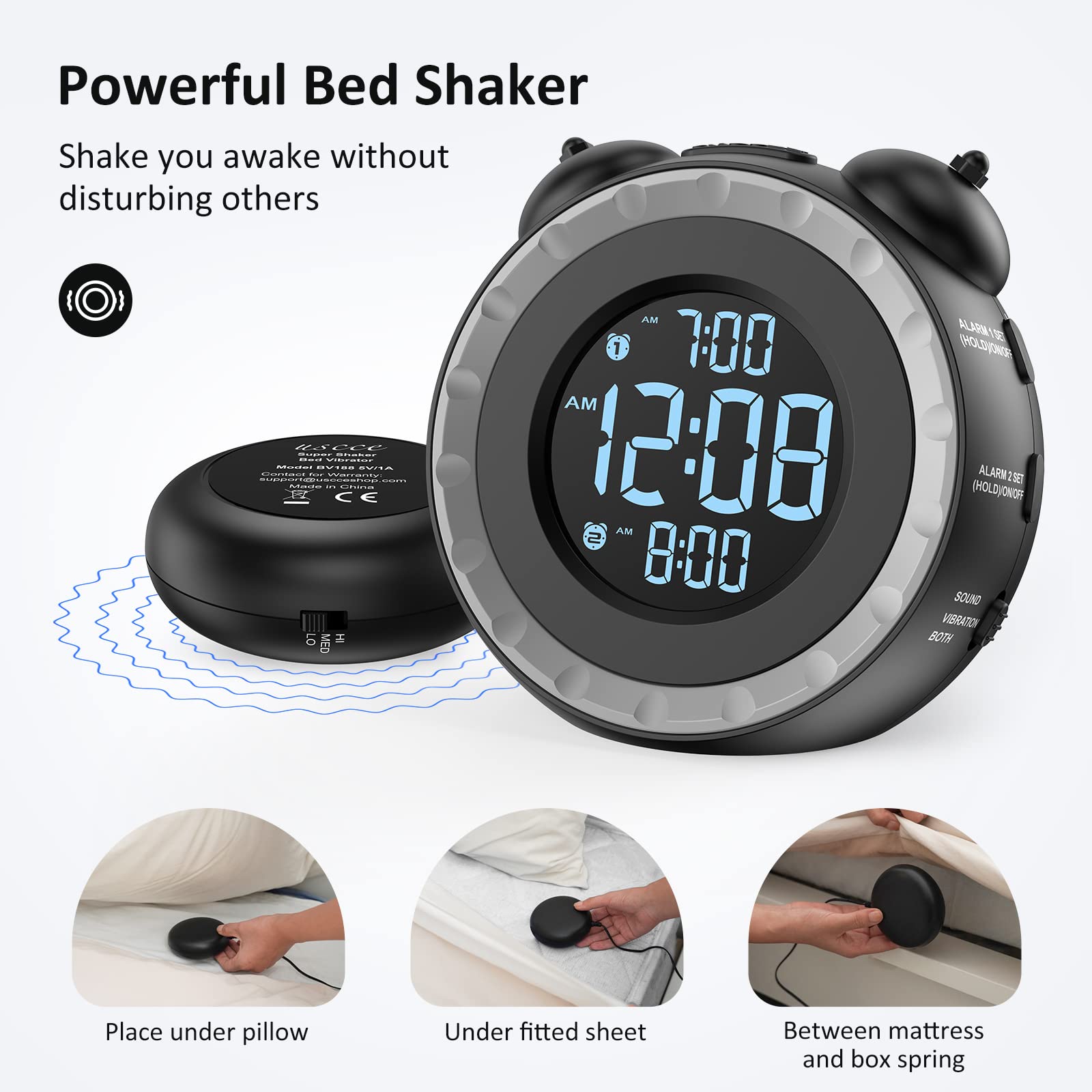 uscce loud dual alarm clock bed shaker side angle shows adjustable intensity