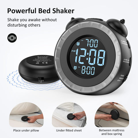 uscce loud dual alarm clock bed shaker side angle shows adjustable intensity