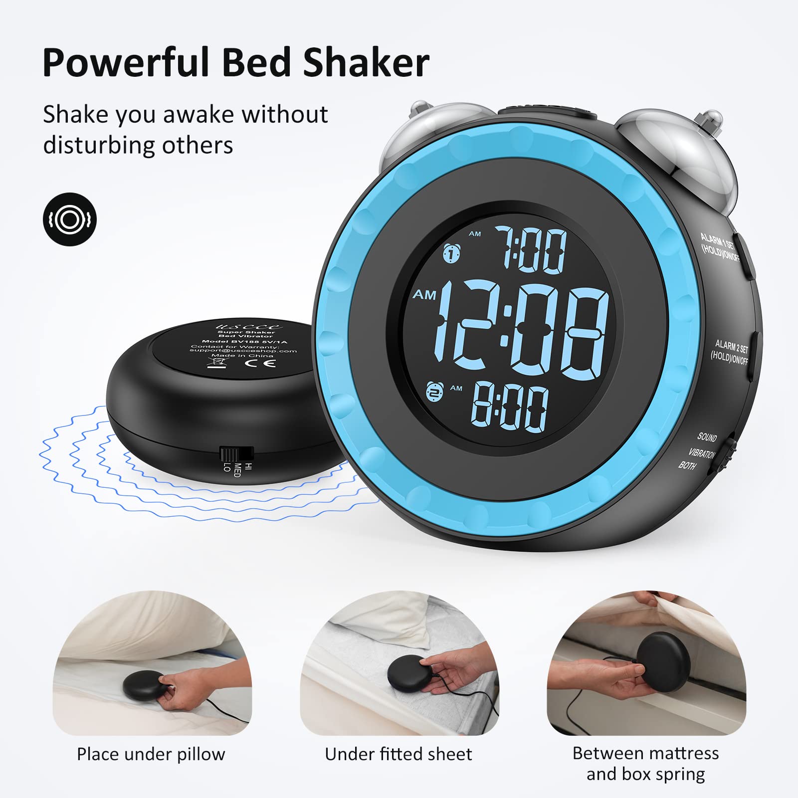 uscce loud dual alarm clock bed shaker side controls showing intuitive setup