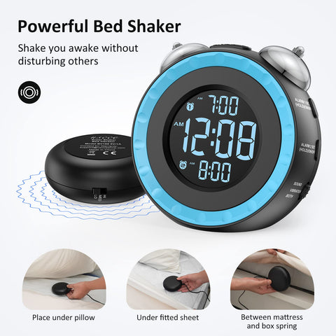 uscce loud dual alarm clock bed shaker side controls showing intuitive setup