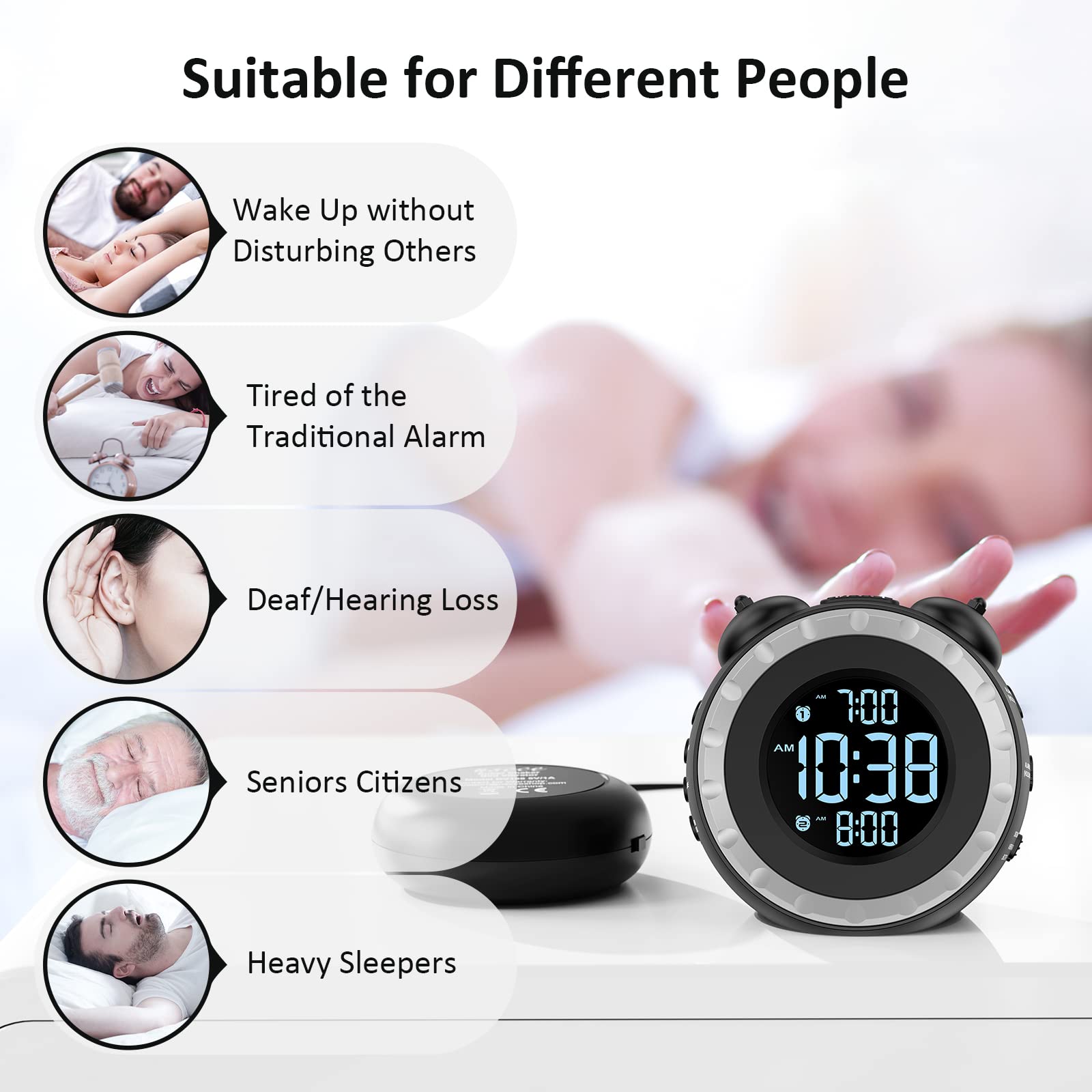 uscce loud dual alarm clock in a bedroom setting with partner-friendly wake times