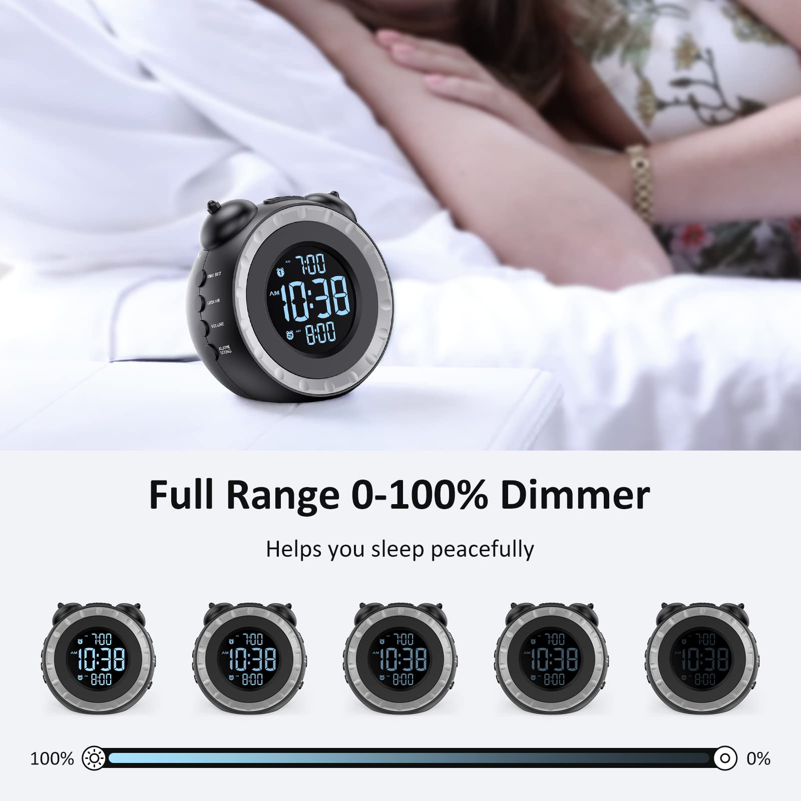 uscce loud dual alarm clock dimmer control close-up demonstrates brightness range