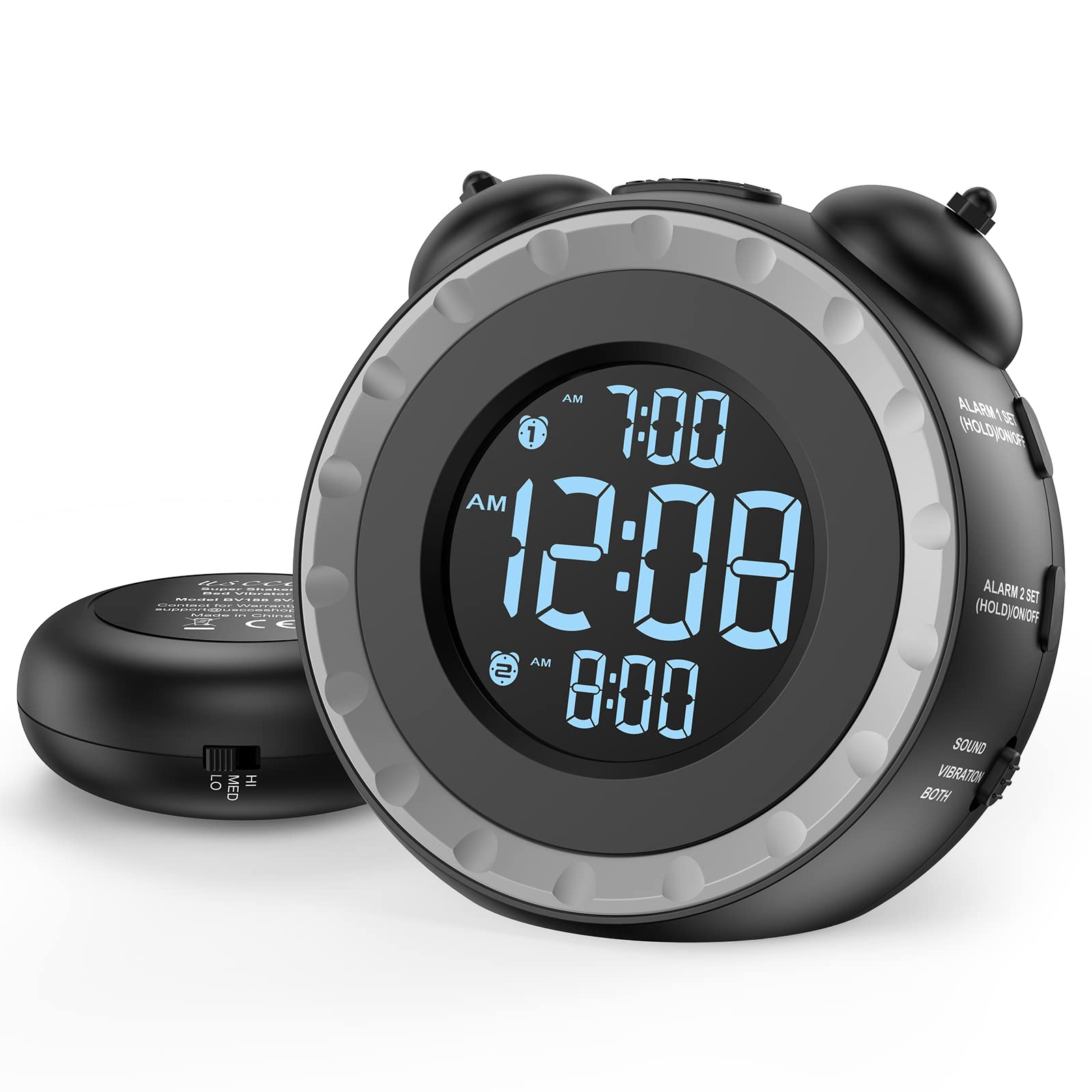 uscce loud dual alarm clock front view with bed shaker for heavy sleepers