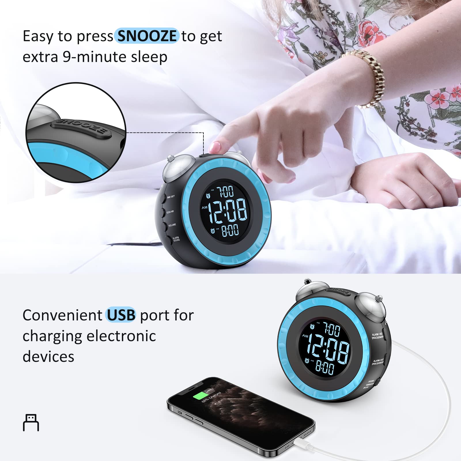 uscce loud dual alarm clock snooze button for extra rest