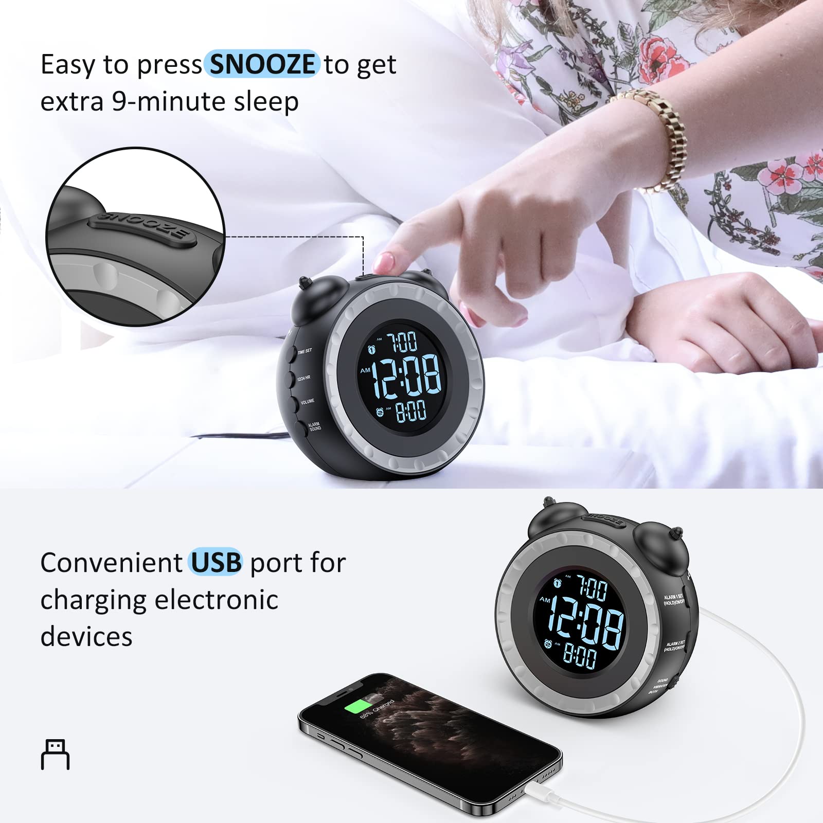 uscce loud dual alarm clock snooze feature with nine extra minutes