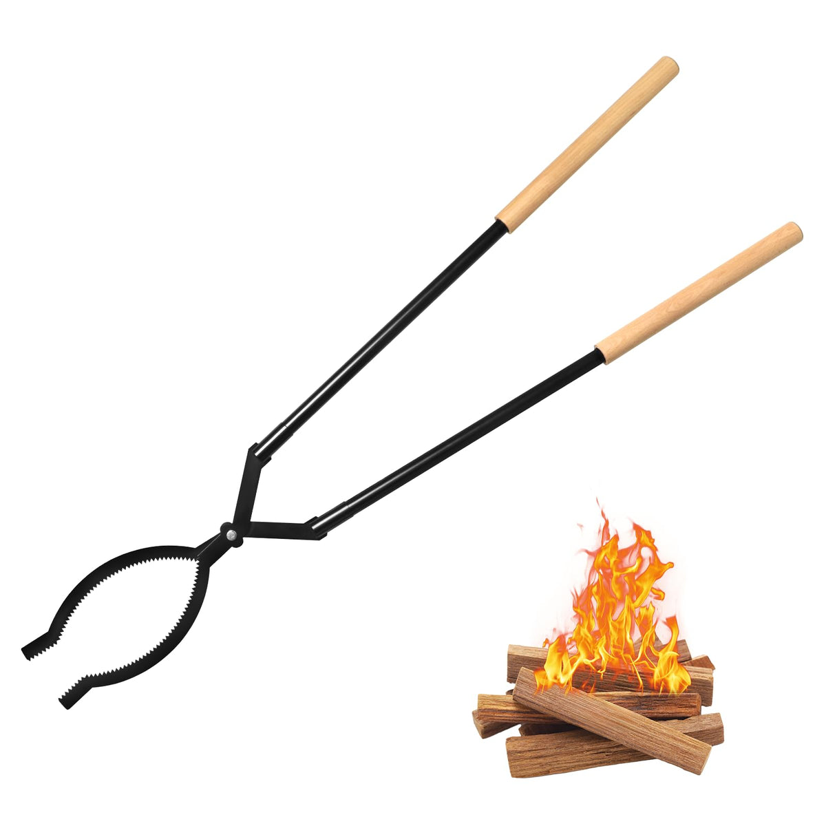 USENIOR heavy-duty firewood tongs with 42-inch extended handle for safe wood relocation