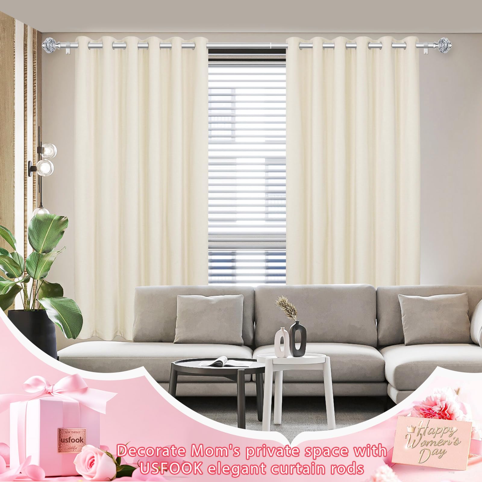 USFOOK heavy-duty 1-inch curtain rod provides sturdy support.