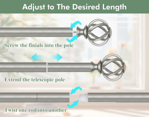 USFOOK antique silver curtain rod with twisted cage finials for refined style