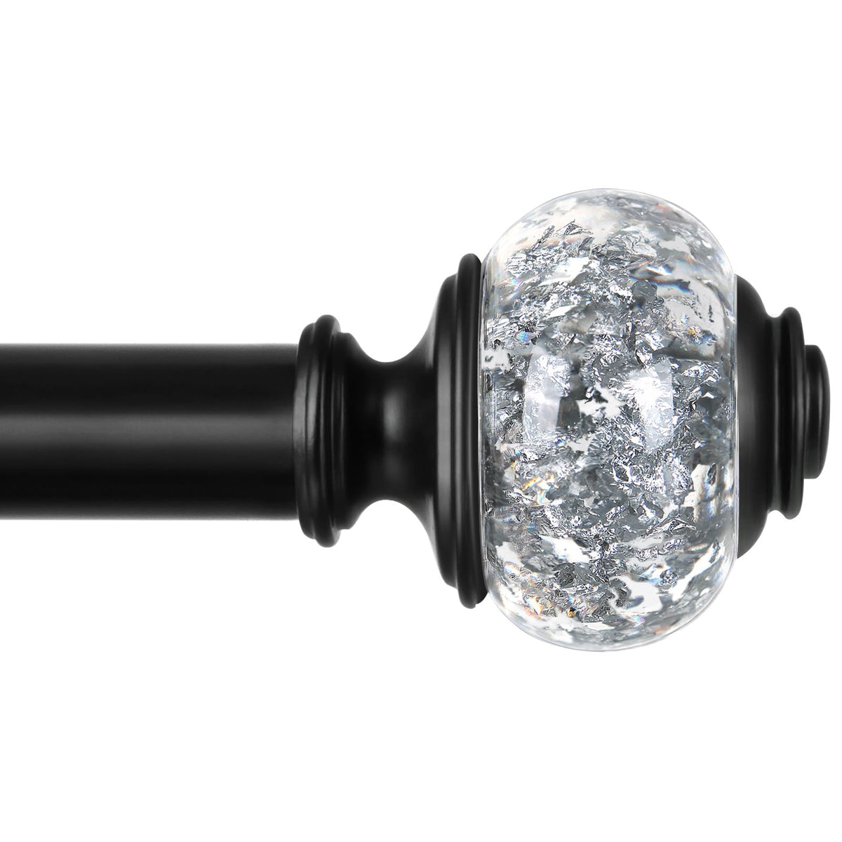 USFOOK black curtain rod with crystal finial adds subtle sparkle to living room windows