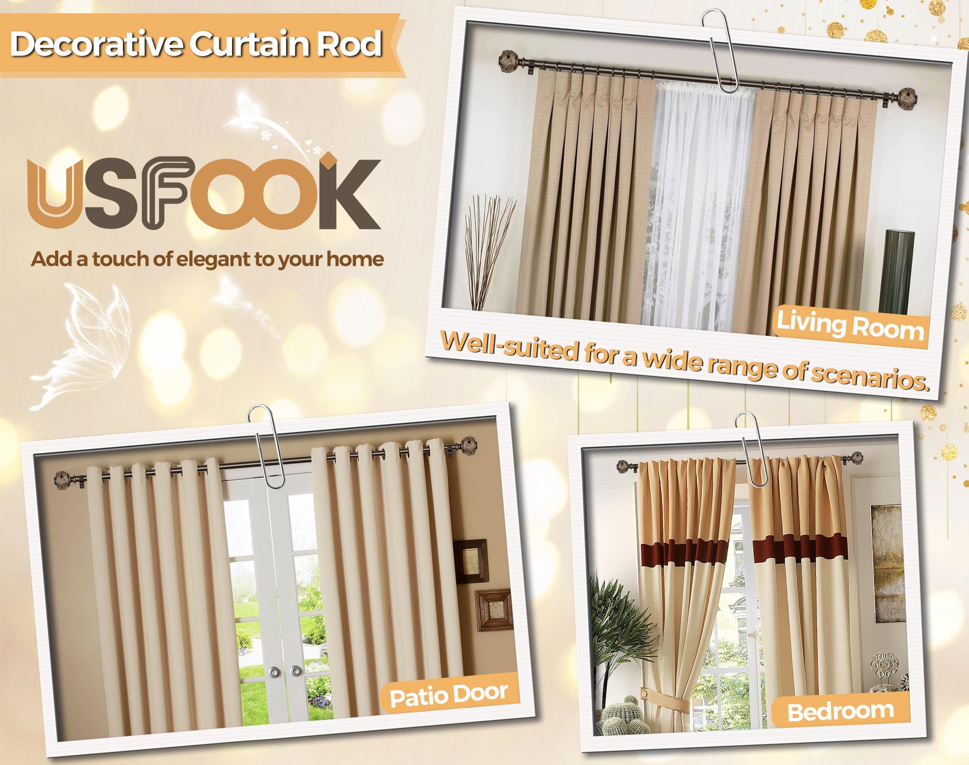 USFOOK bronze curtain rod complements rustic, industrial, and modern decor.
