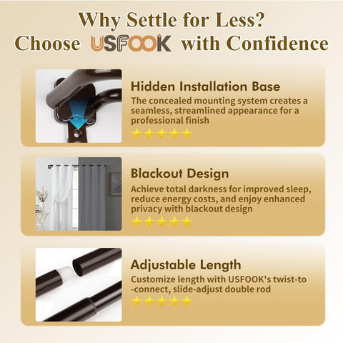 USFOOK Bronze Double Curtain Rod wrap-around ends, enhances privacy and light control.