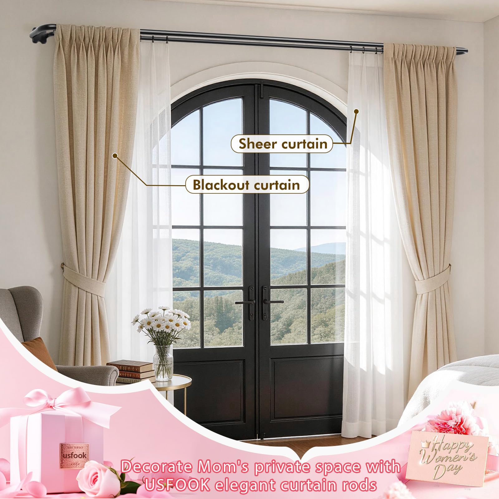 USFOOK double curtain rod demonstrates twist-length adjustment for a precise fit