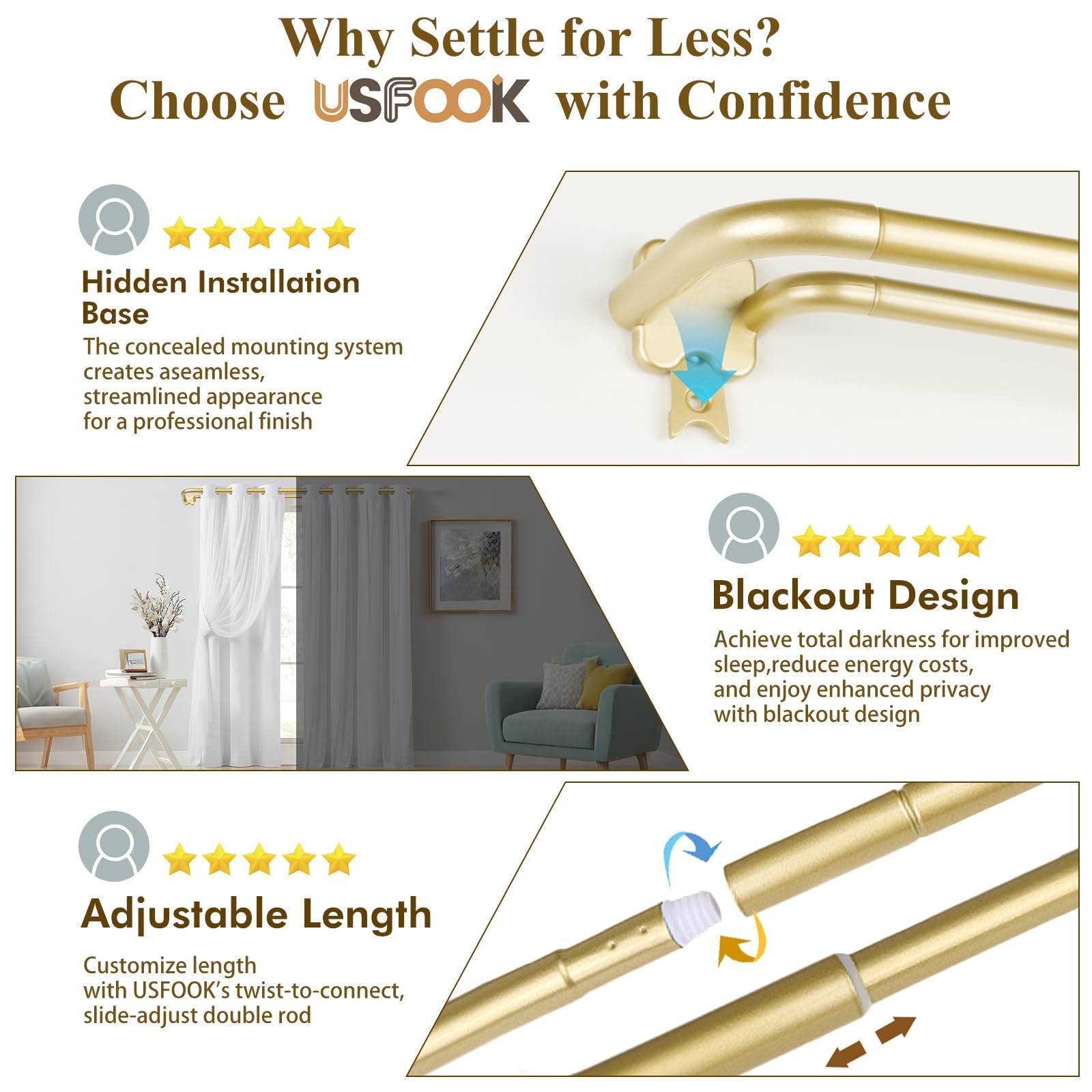 USFOOK gold wrap-around rod complements contemporary interiors with a refined silhouette.