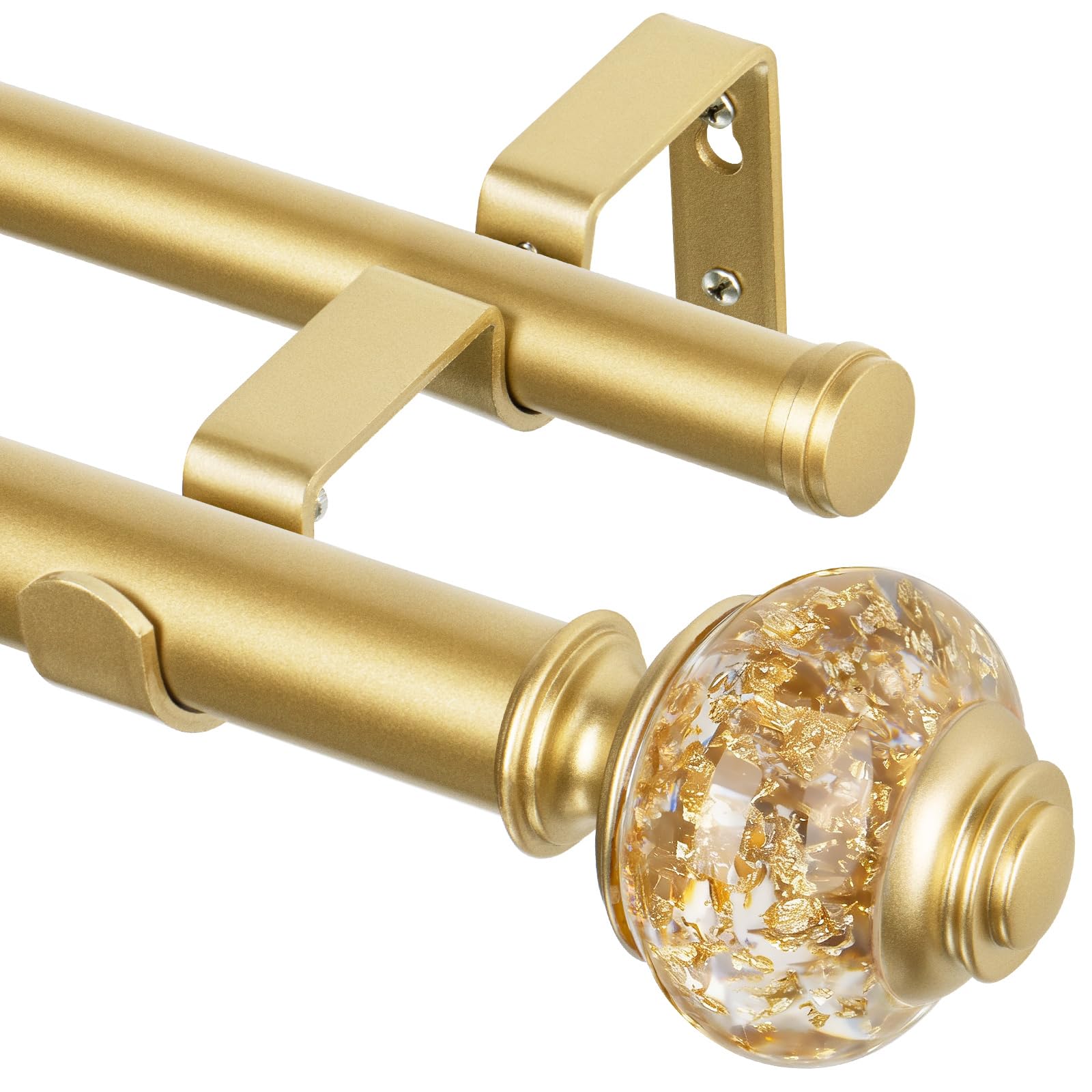 USFOOK telescoping curtain rod in gold for two-layer window treatments.