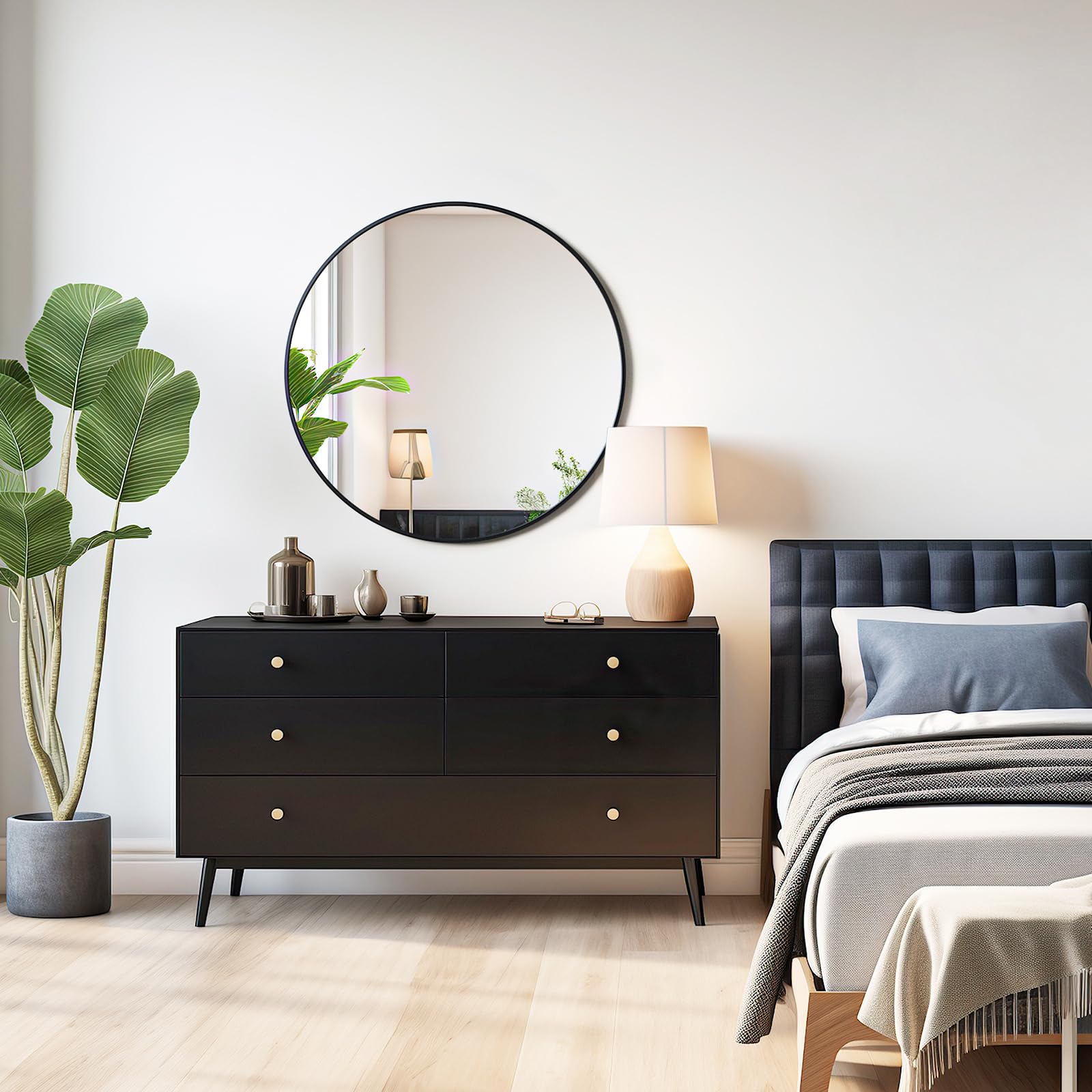 USHOWER bedroom vanity circle mirror complements a calm, organized space.