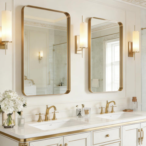 USHOWER gold bathroom mirror 24x36 over sink adds brightness and space.