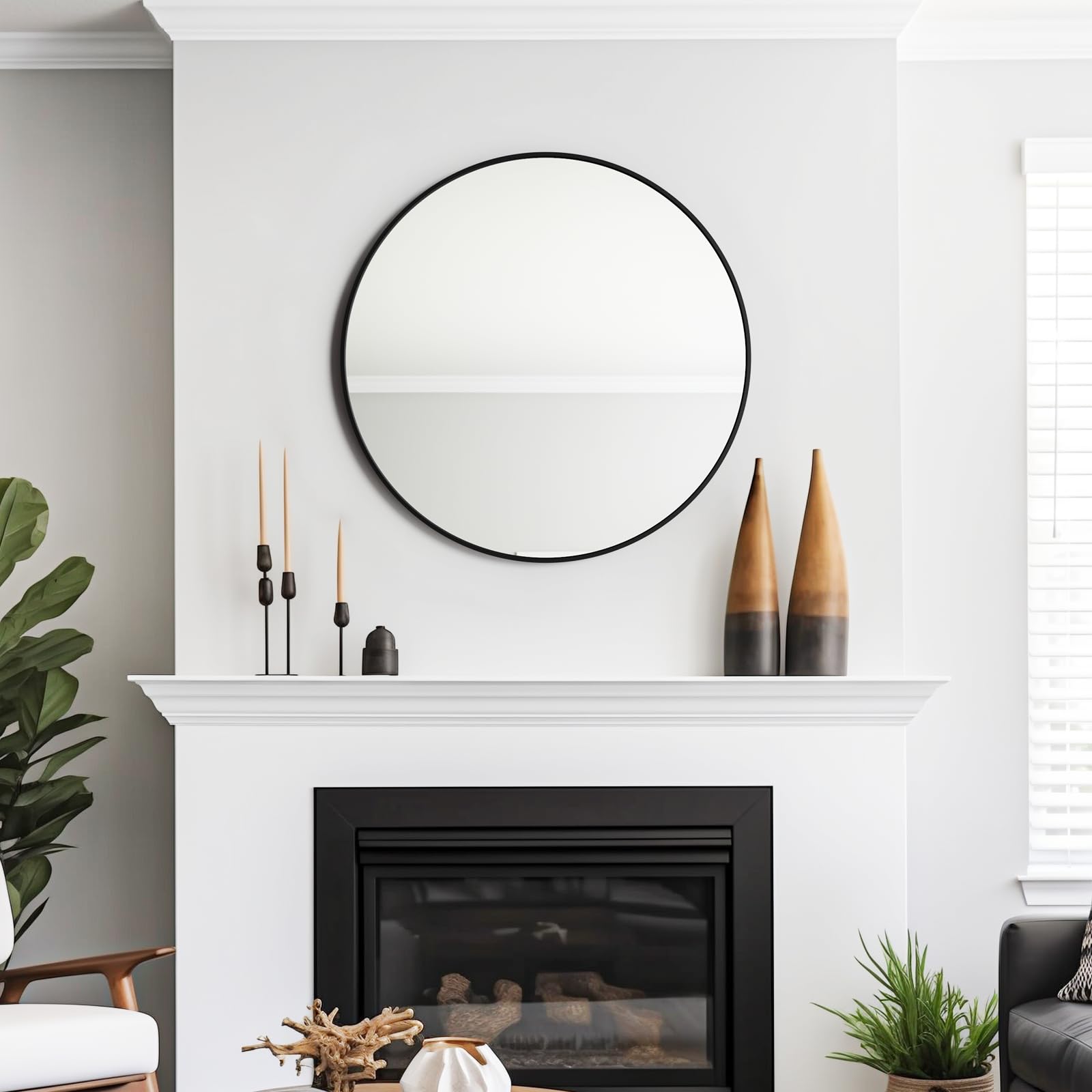 USHOWER living room round mirror serves as a stylish focal point.