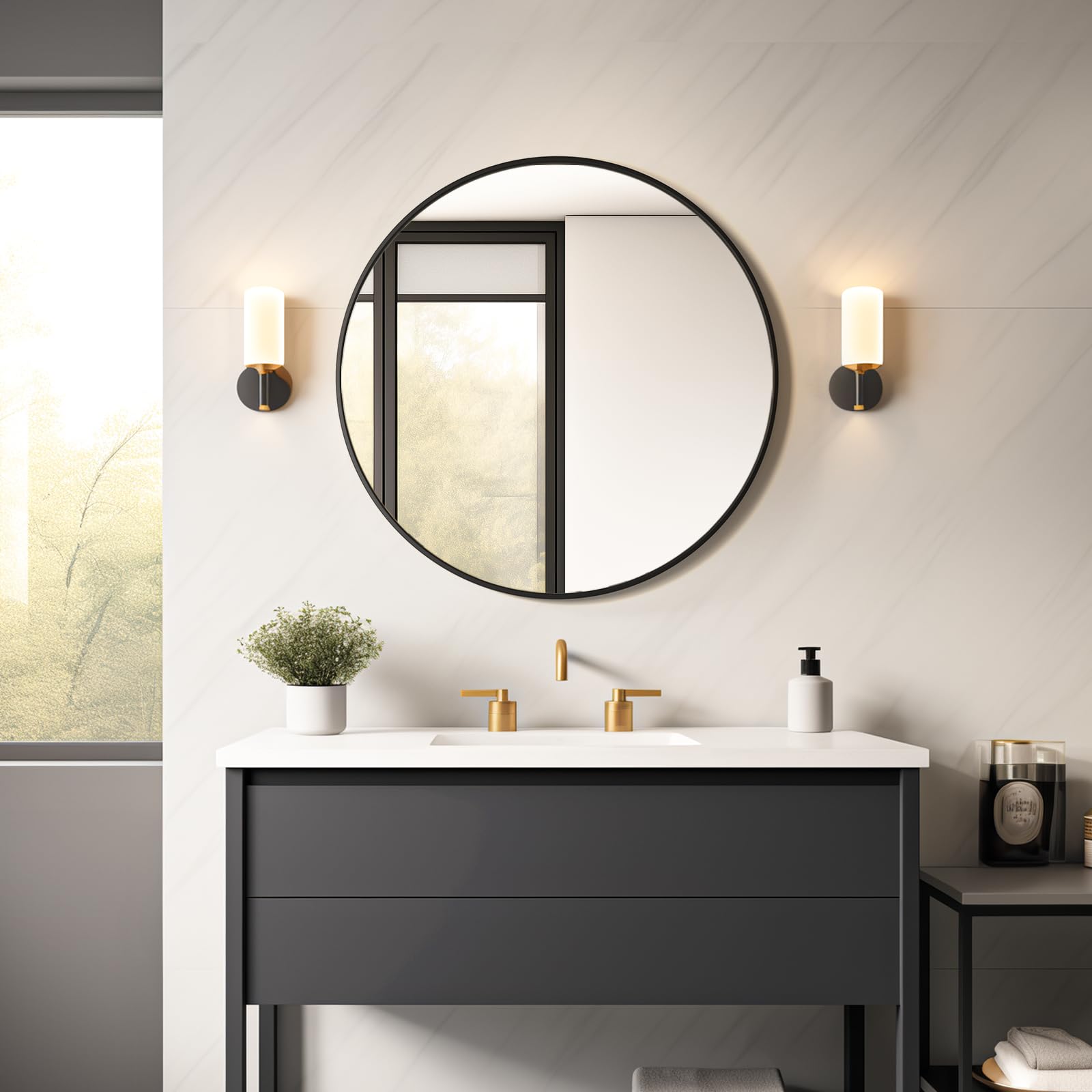 USHOWER round mirror with rust-resistant black frame ideal for humid bathrooms.