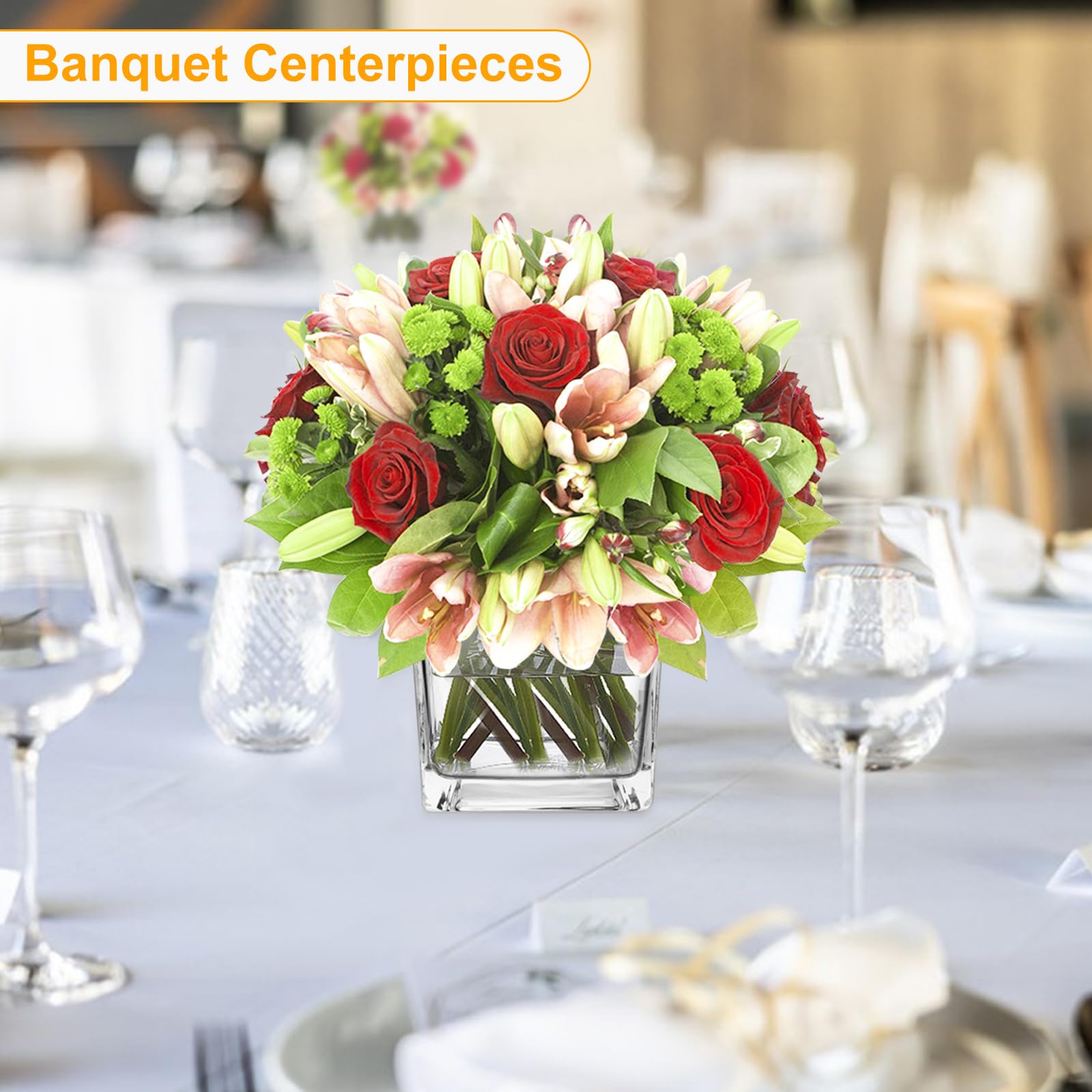 UrSpeedtekLive square glass vases used as wedding centerpiece display.