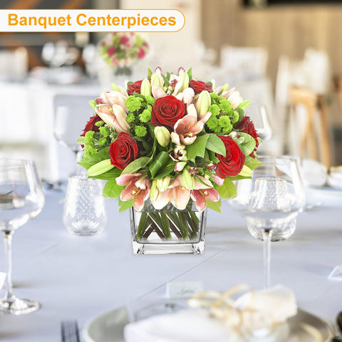 UrSpeedtekLive square glass vases used as wedding centerpiece display.