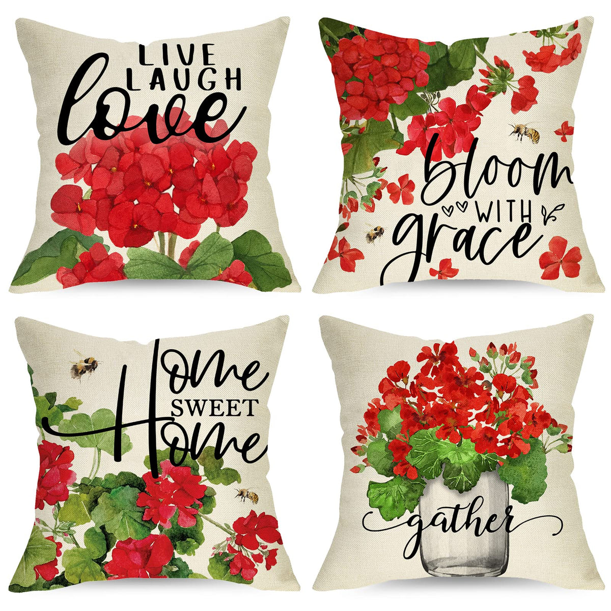 Ussap red geranium flower pillow cover on sofa adds rustic charm