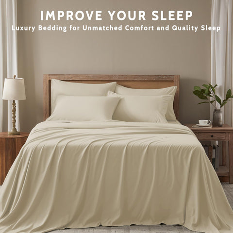 Bedroom scene with USXIBEI King Size Sheets Set, showcasing cooling, wrinkle-resistance.