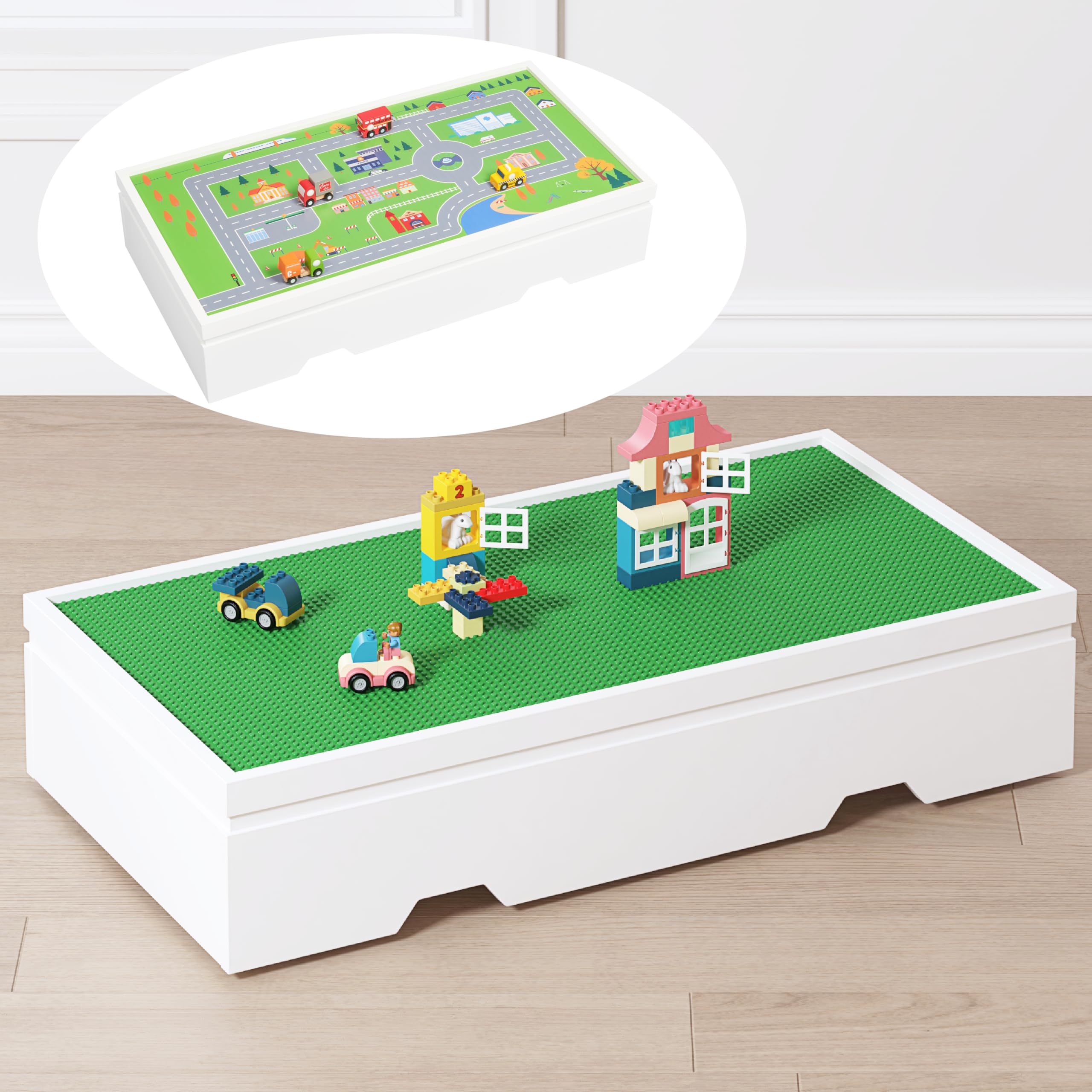 UTEX 3-in-1 table top offers double-sided surface for construction and city play.