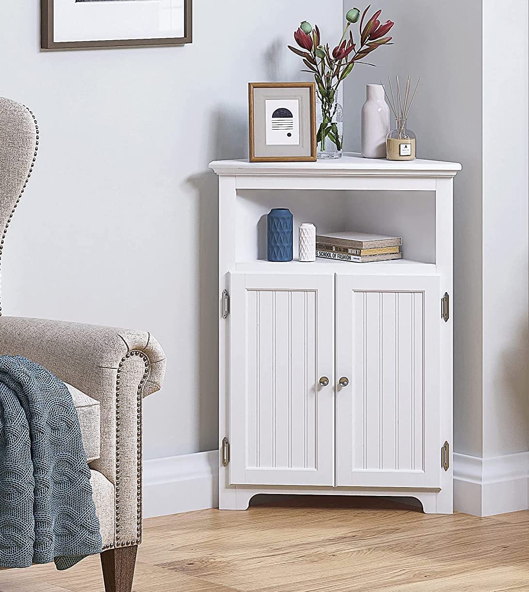 UTEX bathroom corner cabinet front view in white showing compact footprint and clean lines