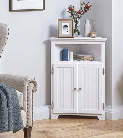 UTEX bathroom corner cabinet front view in white showing compact footprint and clean lines
