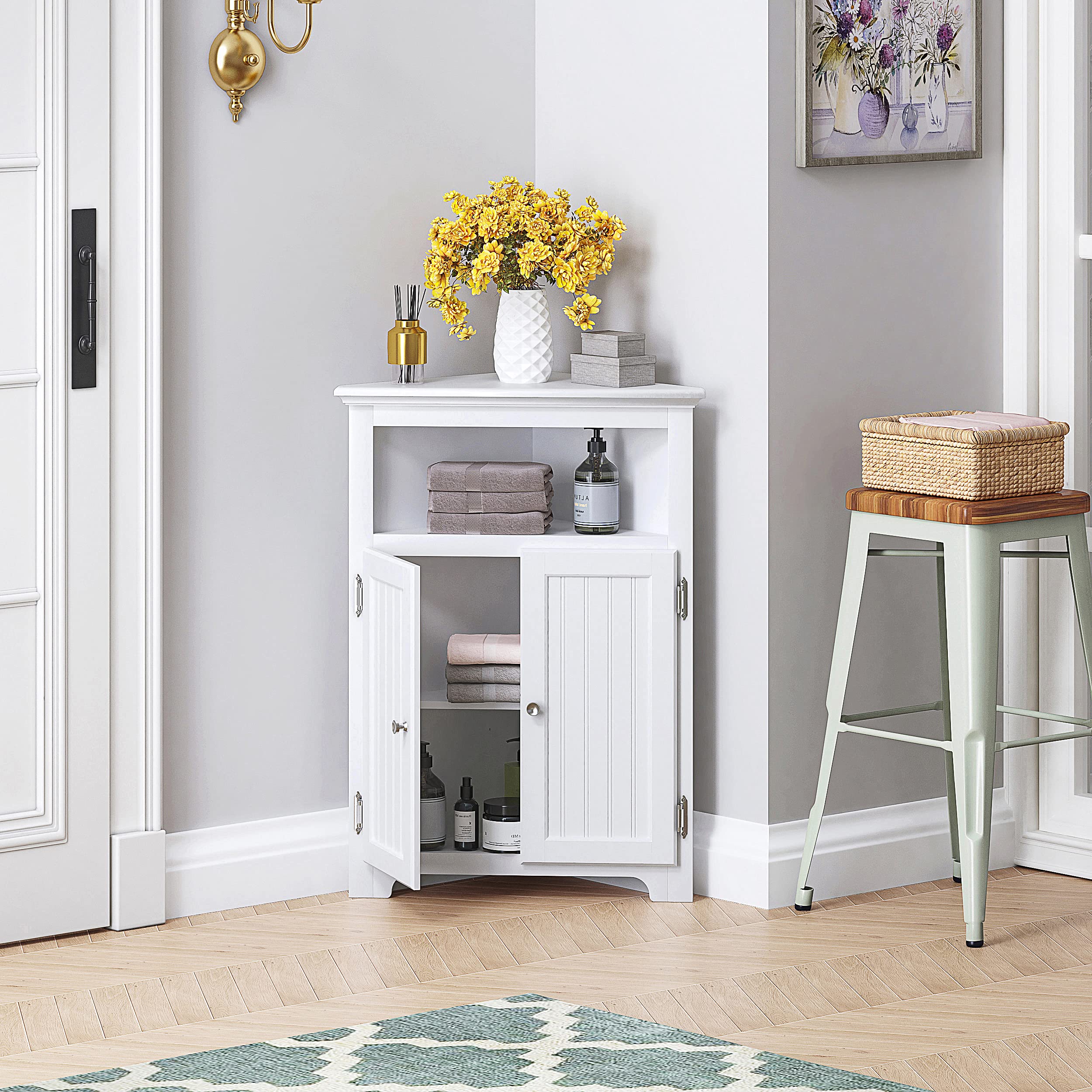 UTEX corner cabinet side view highlighting slim profile for tight spaces