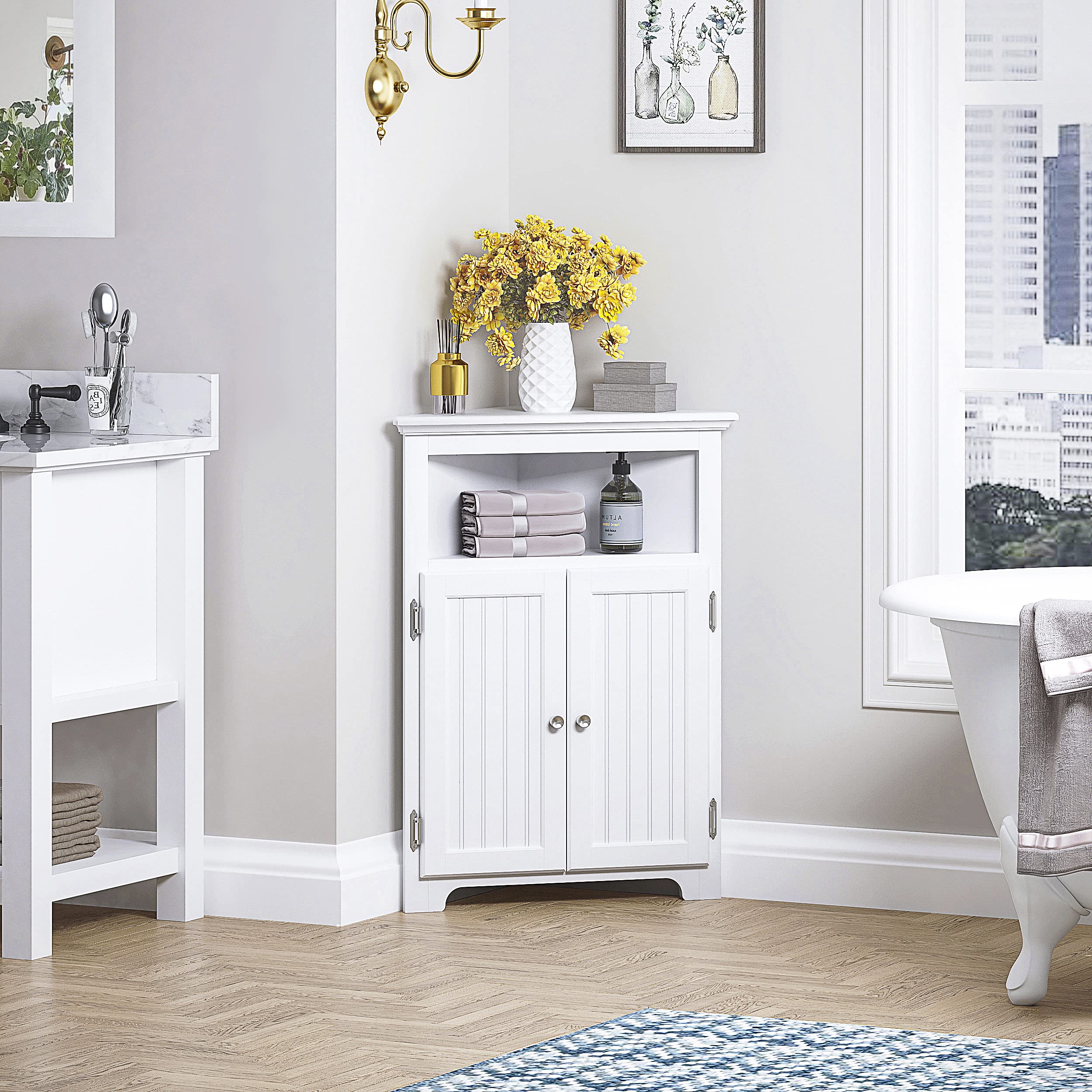 UTEX corner cabinet wood texture and white finish in a bathroom context