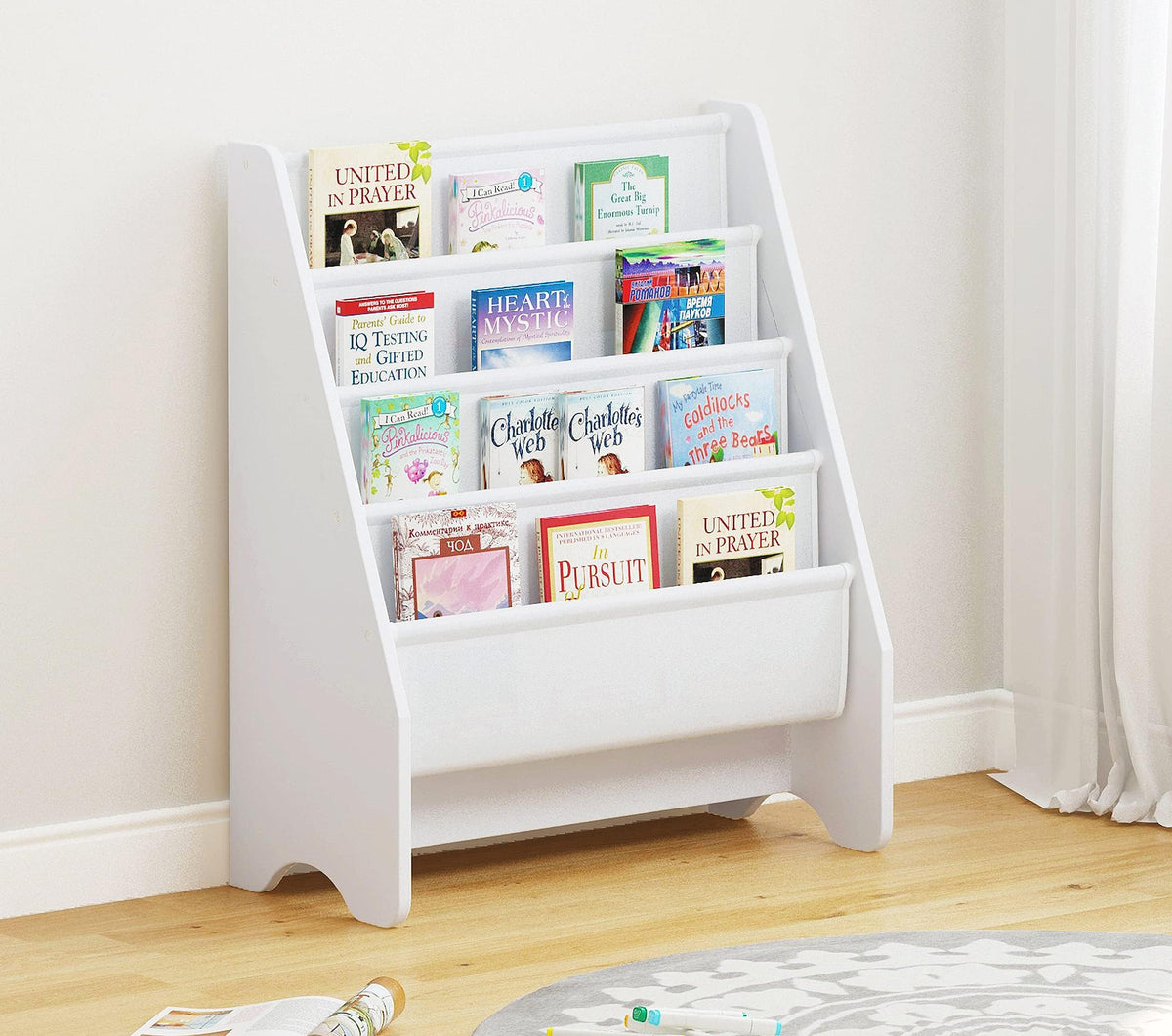 UTEX Kids Bookshelf front view shows sturdy white wood with easy-access book storage.