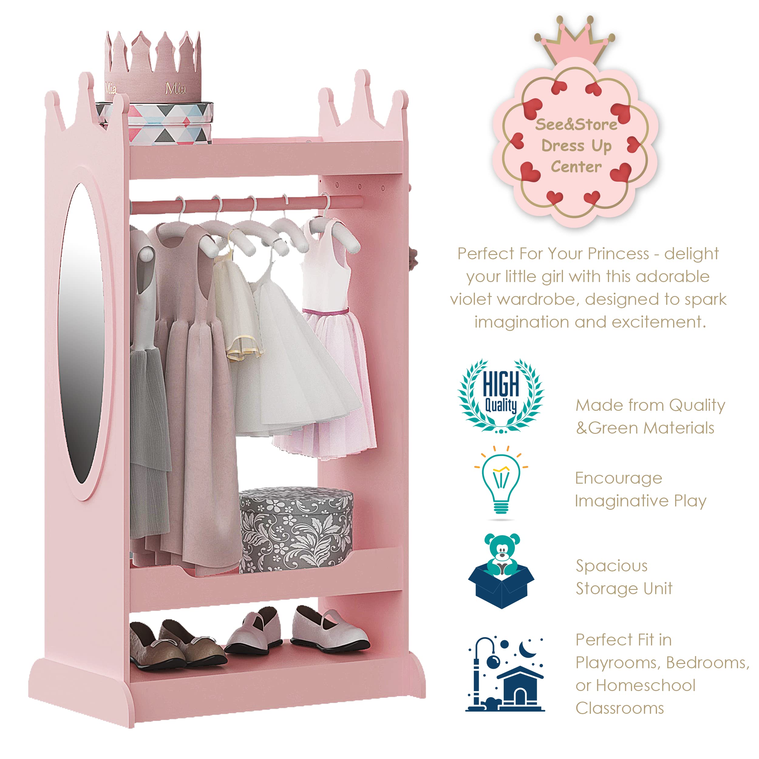 Hanging bar on UTEX pink armoire for outfits and costumes
