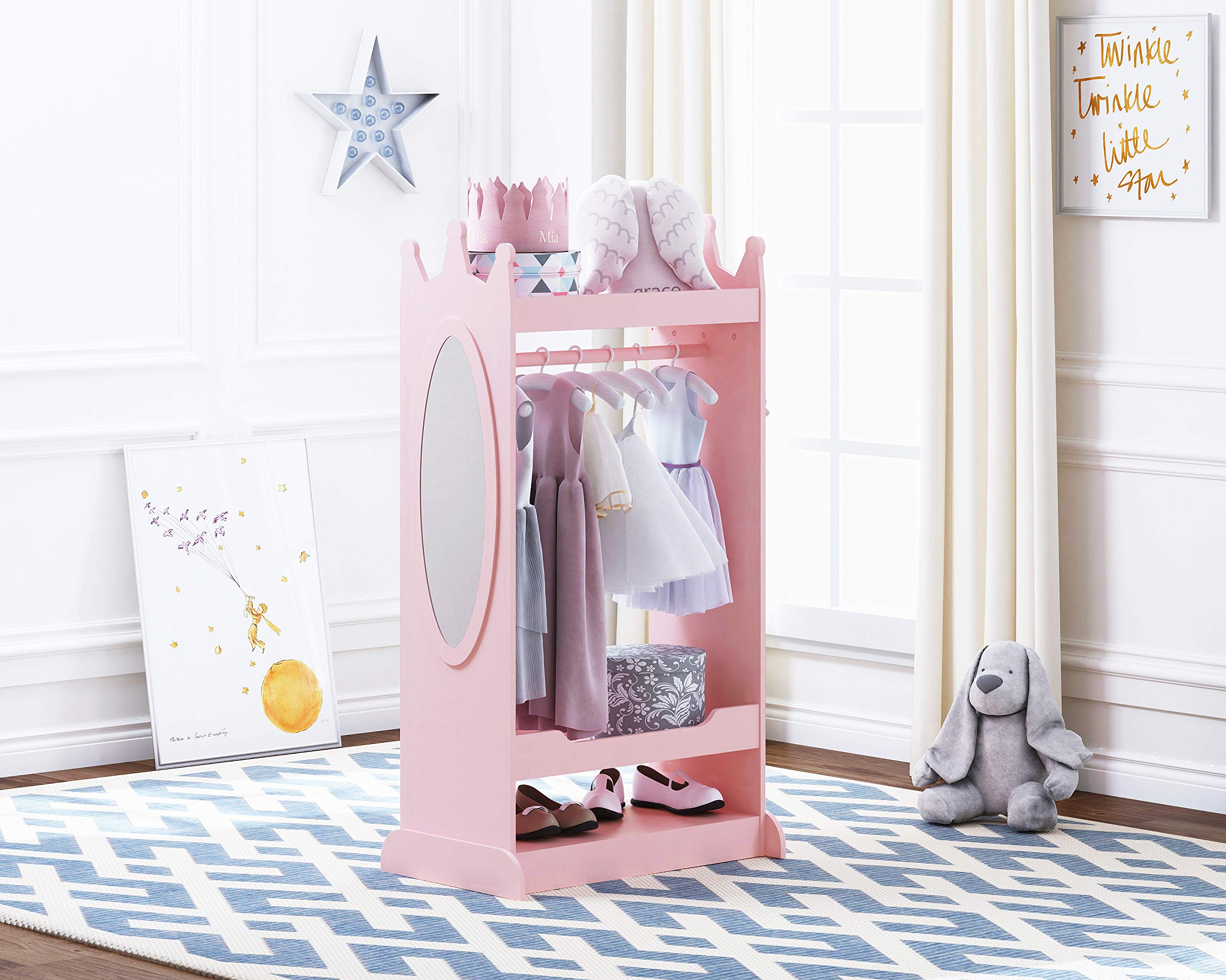 Bottom shoe shelf on UTEX pink dresser-style armoire