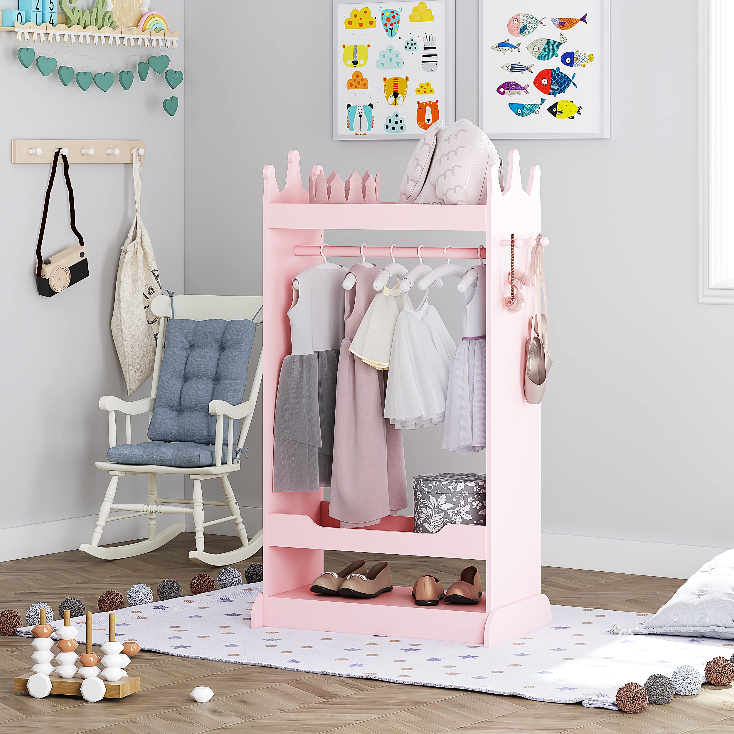 Top shelf storage on UTEX pink dress up armoire for accessories