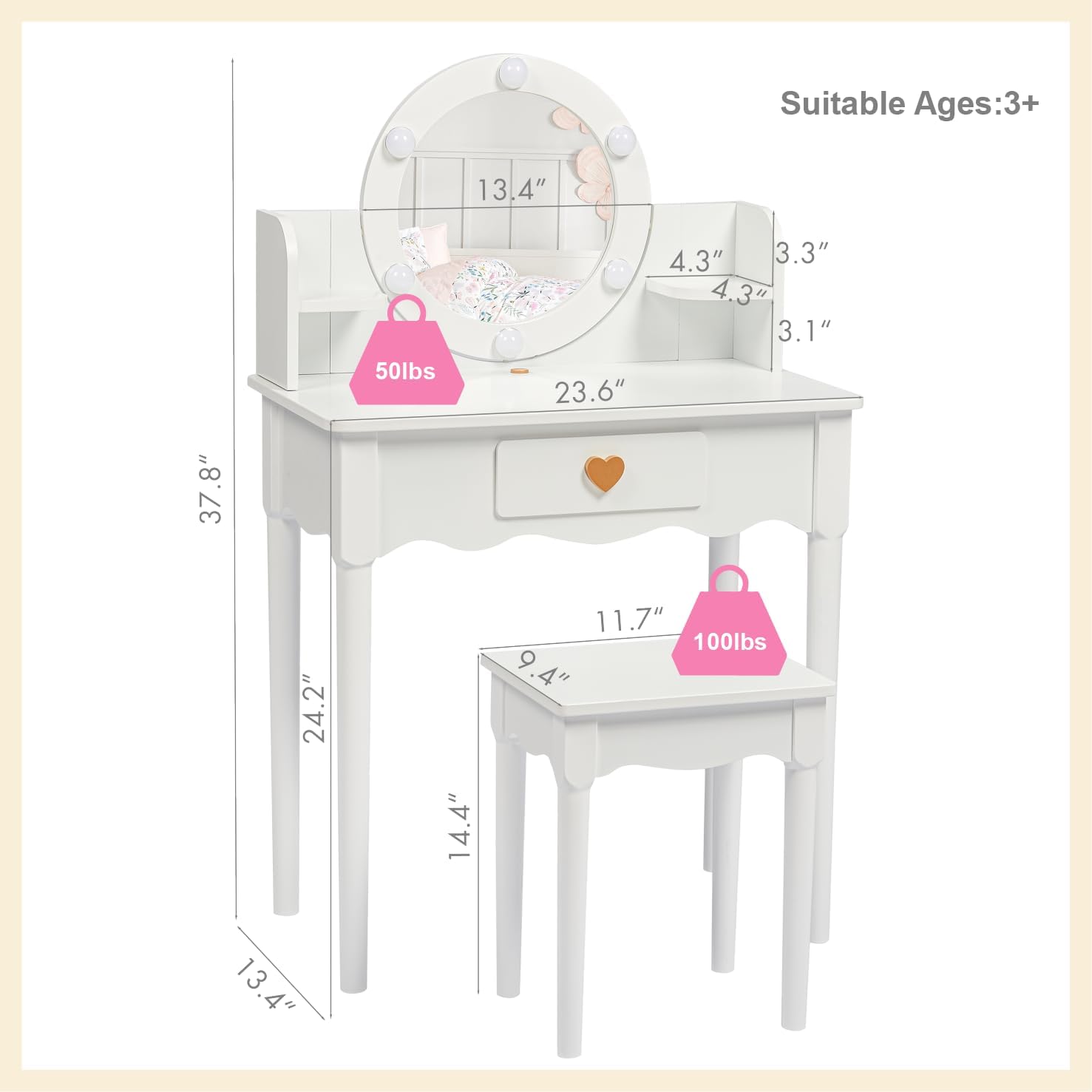 UTEX Kids Vanity smooth surface is easy to wipe clean.