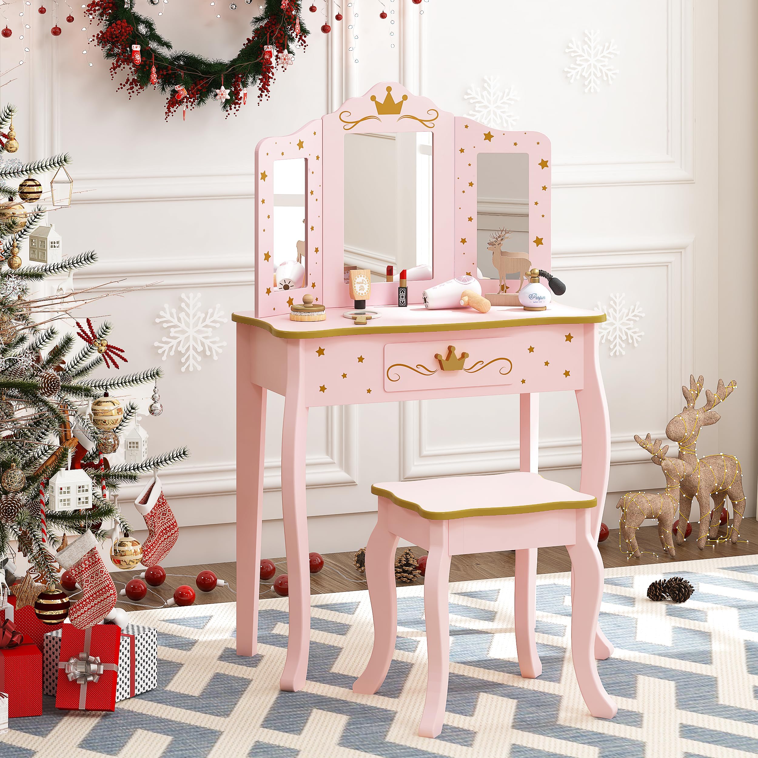 UTEX kids vanity set with three-pane mirror for imaginative dress-up sessions.