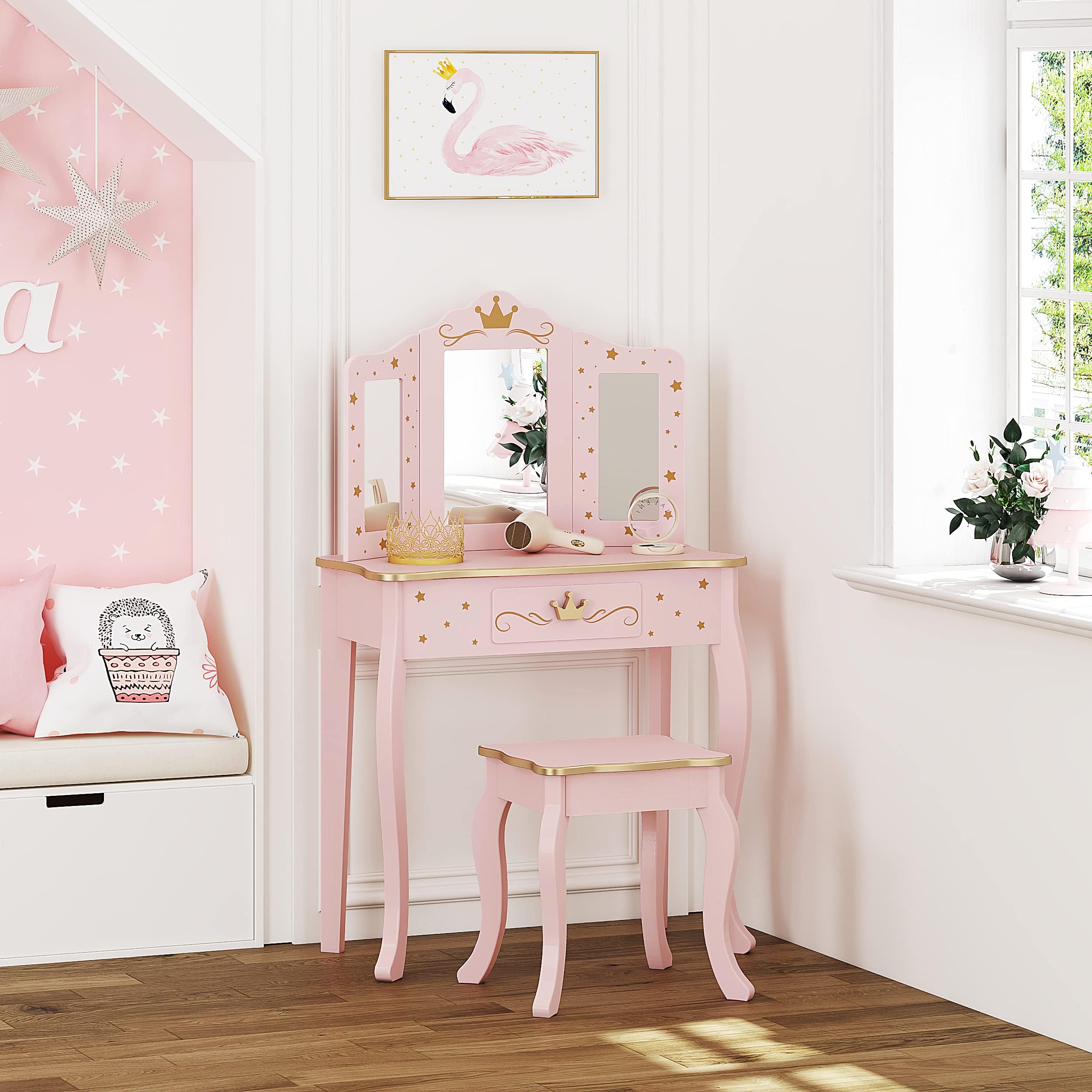 UTEX pink vanity stool complements the desk for comfy pretend play.