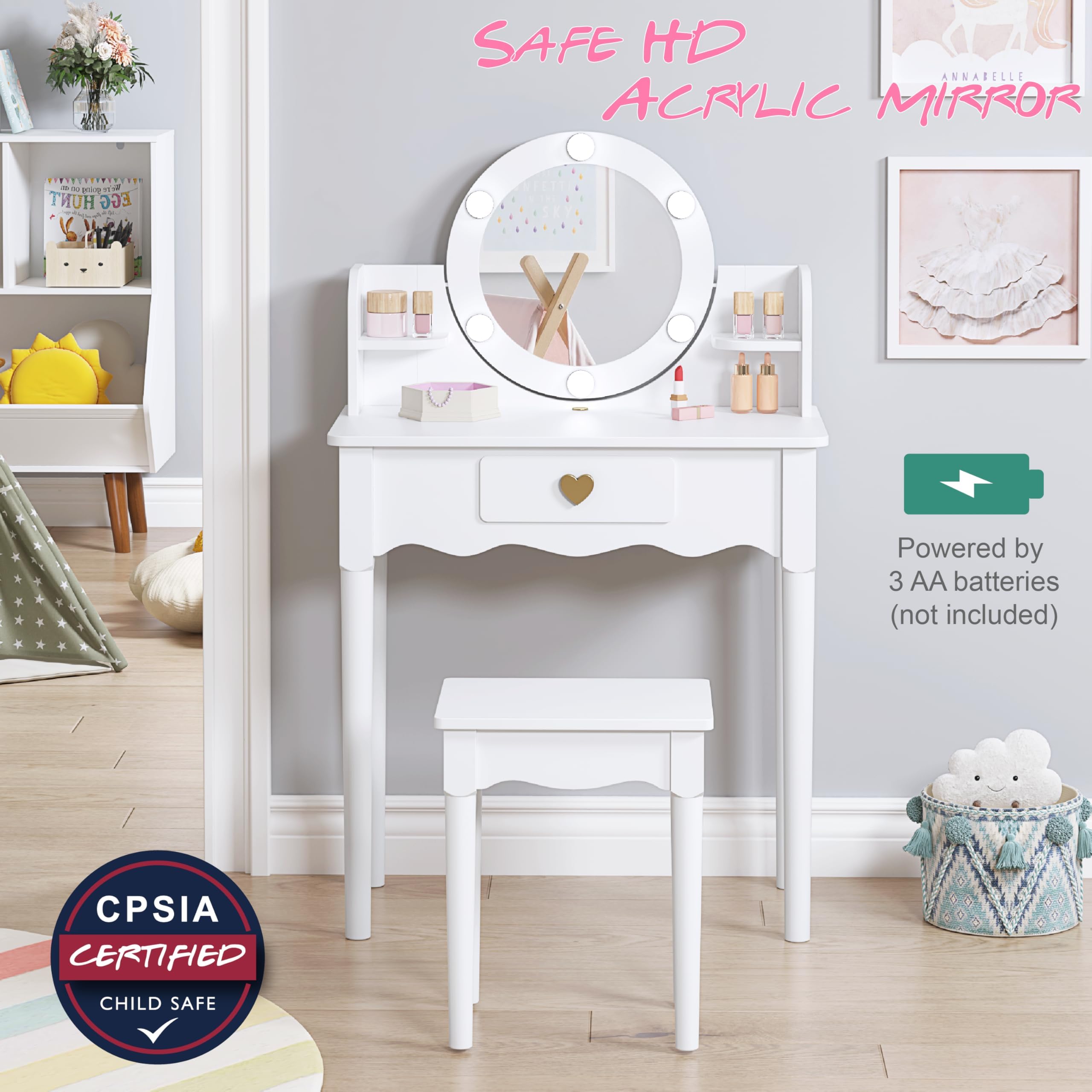 UTEX Kids Vanity side shelves help keep cosmetics organized.