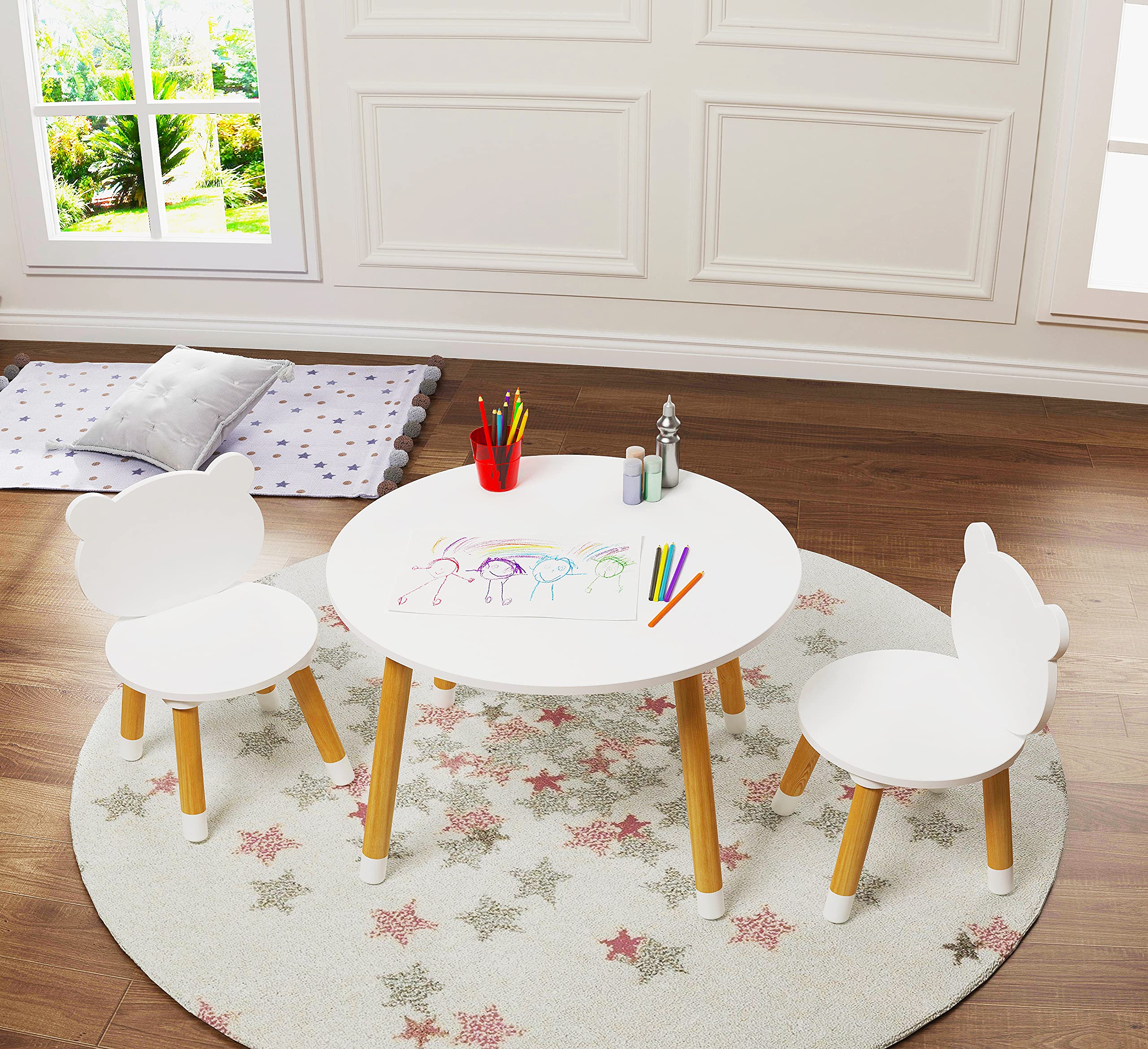 UTEX Kids Wood Table and Chairs Set in white, sturdy for daily play.